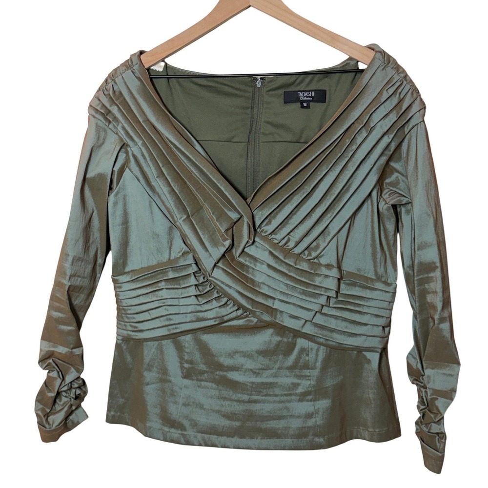 Tadashi Shoji Collection Green Ruched Long Sleeve Structured Top Size 16 Vintage